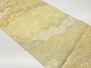 服部織物製　道長取りに草花・七宝花菱・荒波模様織出し袋帯